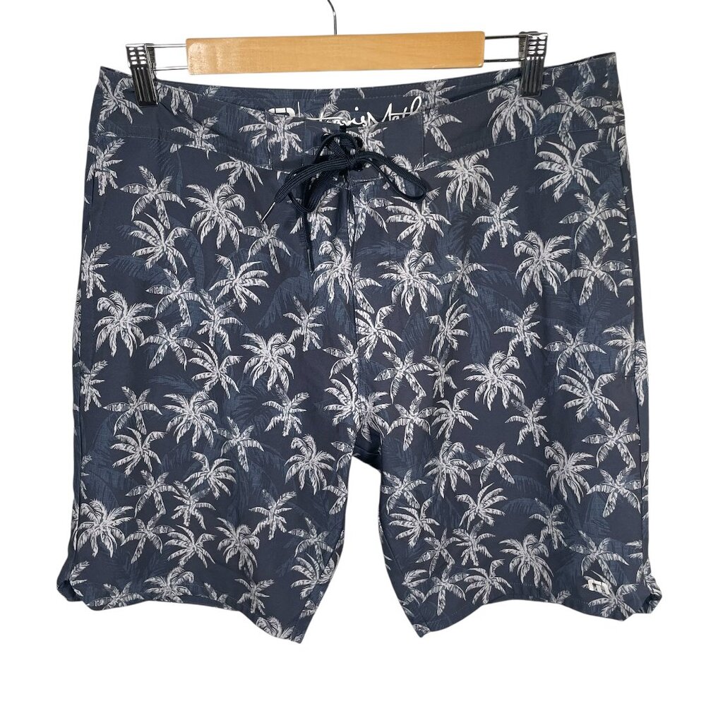 Travis Mathew Palm Tree Sand Bar Board Shorts Mens Size 33 Blue Gray Beach Swim